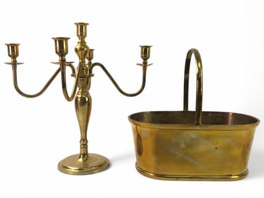 Brass Candelabra And Brass Basket Set
