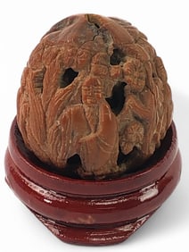 Hand-Carved Chinese Walnut Sculpture With Stand