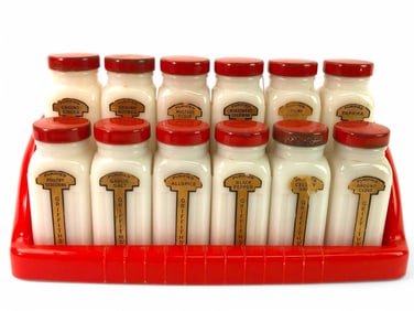 Set of 12 Griffiths Milk Glass Spice Jars With Rac