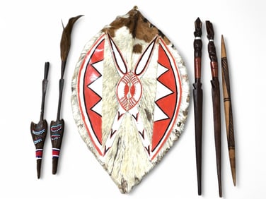 Vtg Authentic Handmade Kenya Massi Shield & Spears