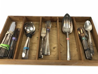 Mixed Vintage Stainless Flatware Set With Tray