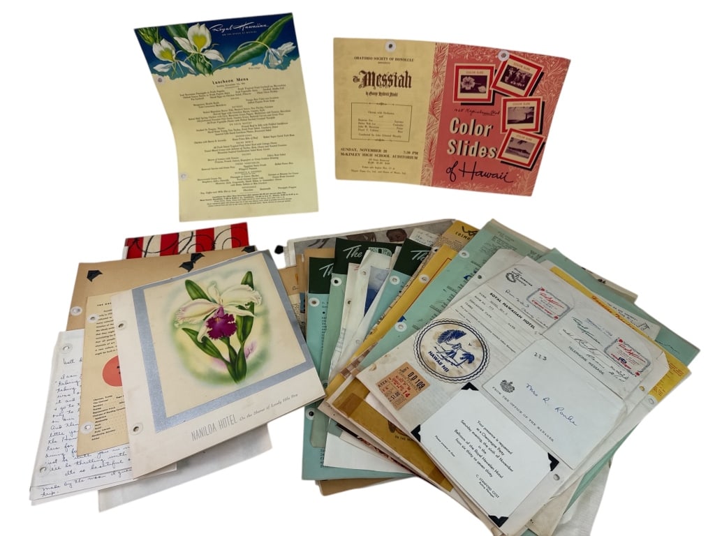 1950s Hawaii Scrapbook Ephemera Collection: Collection of loose scrapbook pages featuring 1950s Hawaii-themed ephemera. Includes travel brochures, menus, photos, event programs, and maps. Not all included items are shown in photos. . Condition 