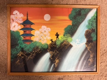 Hand-Painted Asian Fabric Art With Pagoda