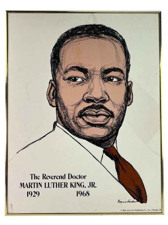 Martin Luther King Jr. Portrait Print: Portrait of Martin Luther King Jr. by Eugene LeGrande. Published in 1966 by Afro-Am Publishing Co., Inc., Chicago, Ill. Measures 17 1/4" x 22 1/4" and is encased in a gold-tone metal frame. L9