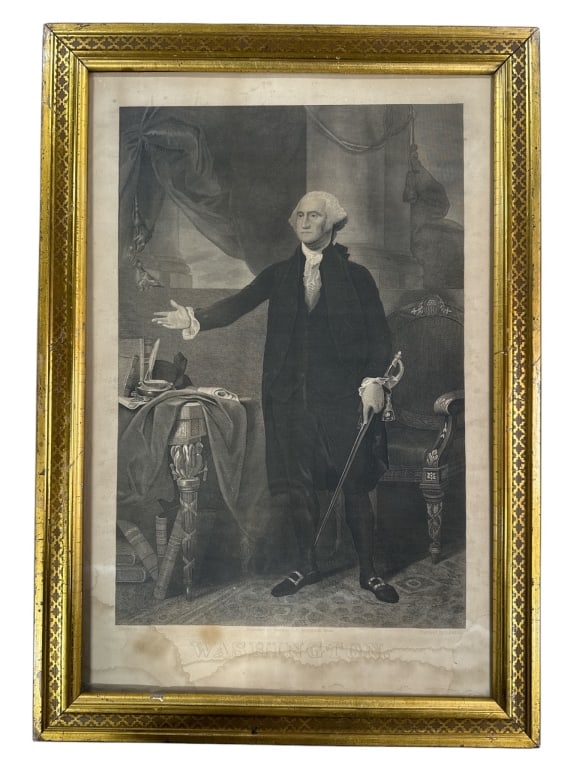Engraving Of George Washington By O. Pelton: Framed engraving of George Washington painted by Gilbert Stuart and engraved by O. Pelton. Published in Springfield, Massachusetts. Water stains on the artwork and wear to the gilded frame. Frame meas