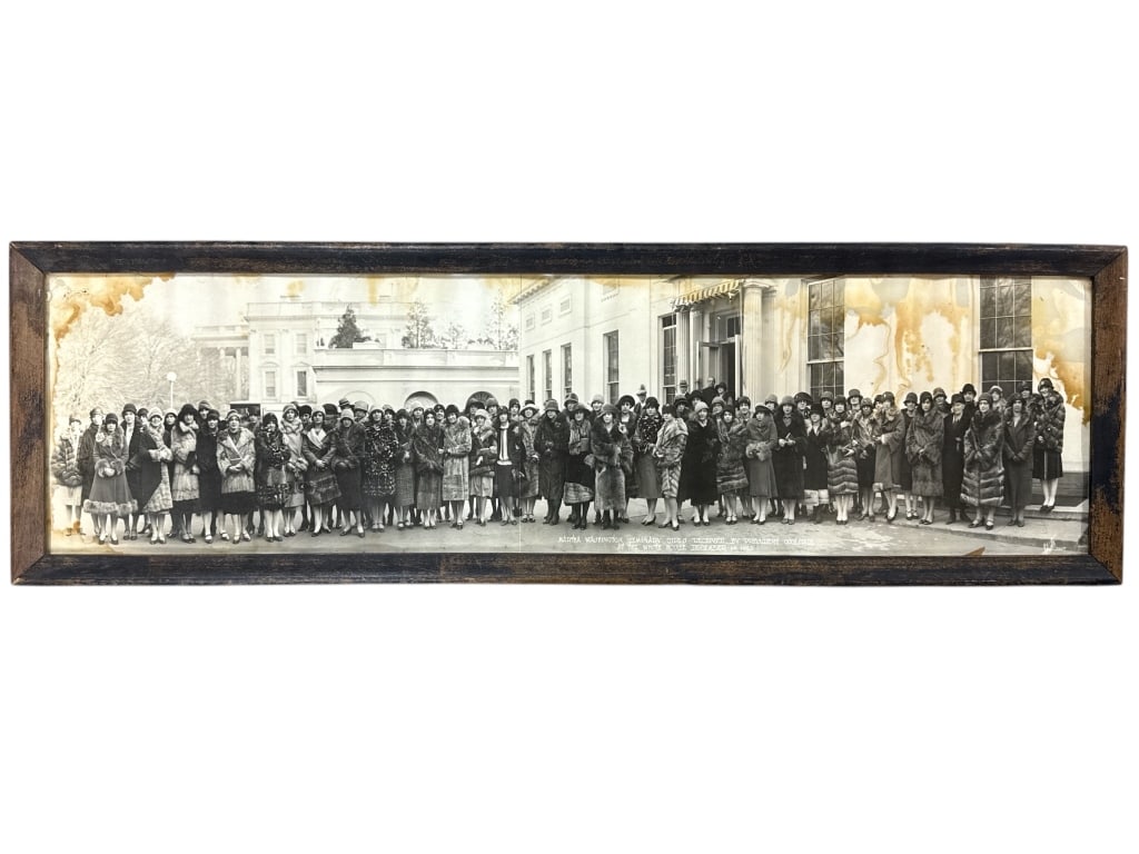1920s Martha Washington Seminary Girls Photo: Antique framed panoramic photograph of Martha Washington Seminary girls received by President Coolidge at the White House on December 14, 1925. Measures 34" x 10.5". The photo exhibits heavy wear. (L7