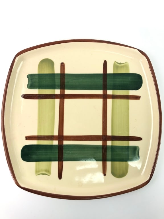 Rare MCM Blair Gay Plaid Platter: Rare Mid-Century Modern Blair square platter featuring a hand-painted gay plaid design. Measures 12 1/4" x 12 1/4". Signed "Blair, decorated by hand" on the reverse. No visible damage or wear noted.