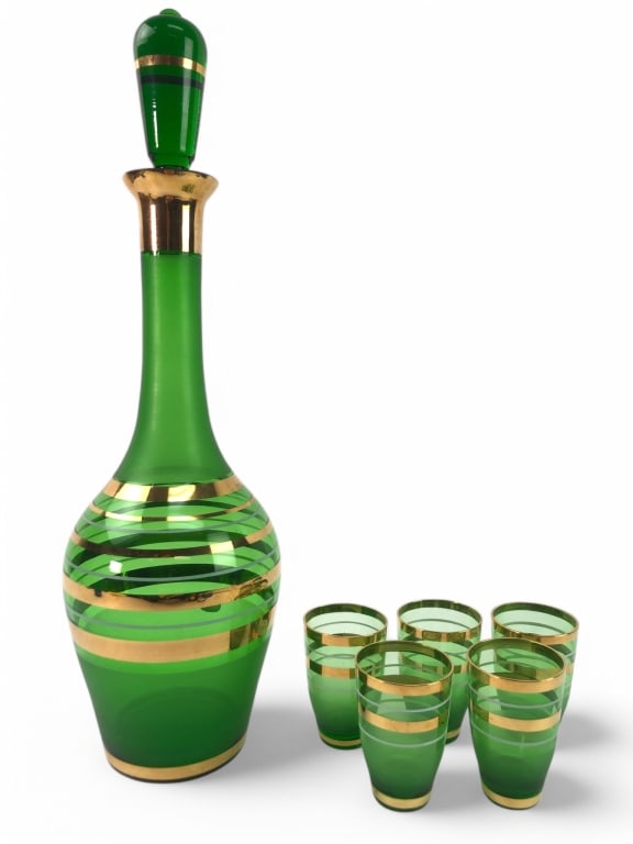 Vtg Bohemian Emerald Green & Gold Liquor Set (1 of 11)