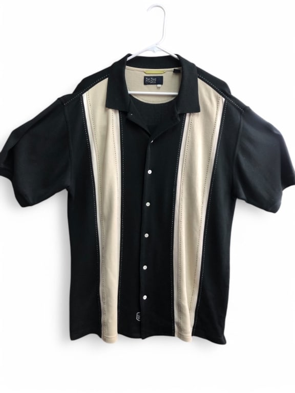 Nat Nast Luxury Originals Bowling Shirt: Nat Nast Luxury Originals short sleeve button-down shirt in a bowling style. Made of 70% silk and 30% cotton. Size large. Features a black and beige color scheme, button closure, and embroidered detai