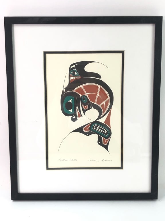 Killer Whale By Danny Dennis Lithograph: Framed lithograph titled "Killer Whale" by artist Danny Dennis. Measures 11" x 13.5". Features bold Northwest Coast Indigenous design elements with artist's signature. Includes an attached biography.