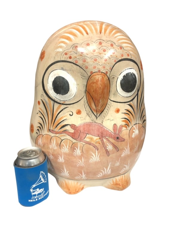 Tonala Mexico Hand-Painted Ceramic Owl: A Tonala Mexico hand-painted ceramic owl sculpture featuring intricate floral and animal motifs. Measures 13 3/4"x 17"with an open hollow base. Detailed illustrations include a dear-like animal and de