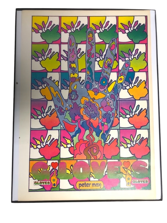 1970 Peter Max "Gloves"Poster: A 12"x 16"Peter Max "Gloves" art print featuring a colorful hand design and the word "Gloves prominently displayed. Comes in a black frame for hanging.