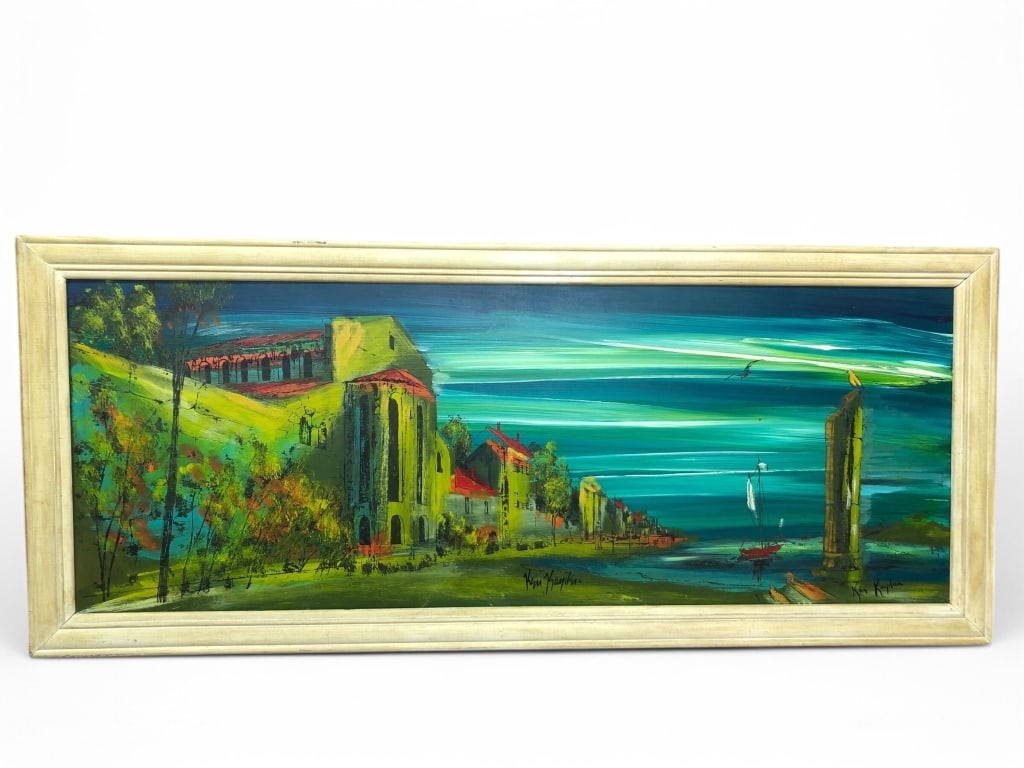 Signed Kim Kayden Original Acrylic Artwork: Large original acrylic on board artwork by Kim Kayden, measuring 52 inches by 22 inches. Features vibrant scenery with buildings and water. Presented in a wood frame. Signed on the front. L3