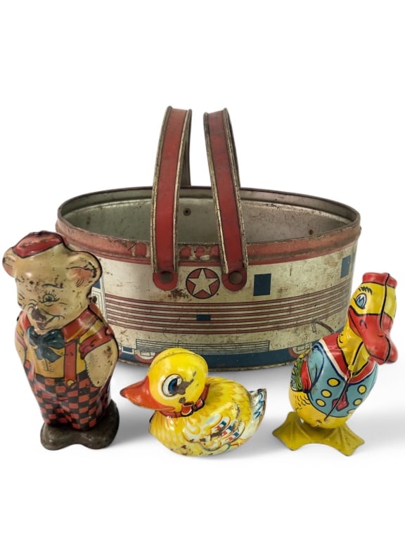 Vtg Tin Litho Toys Lot With Basket (1 of 10)