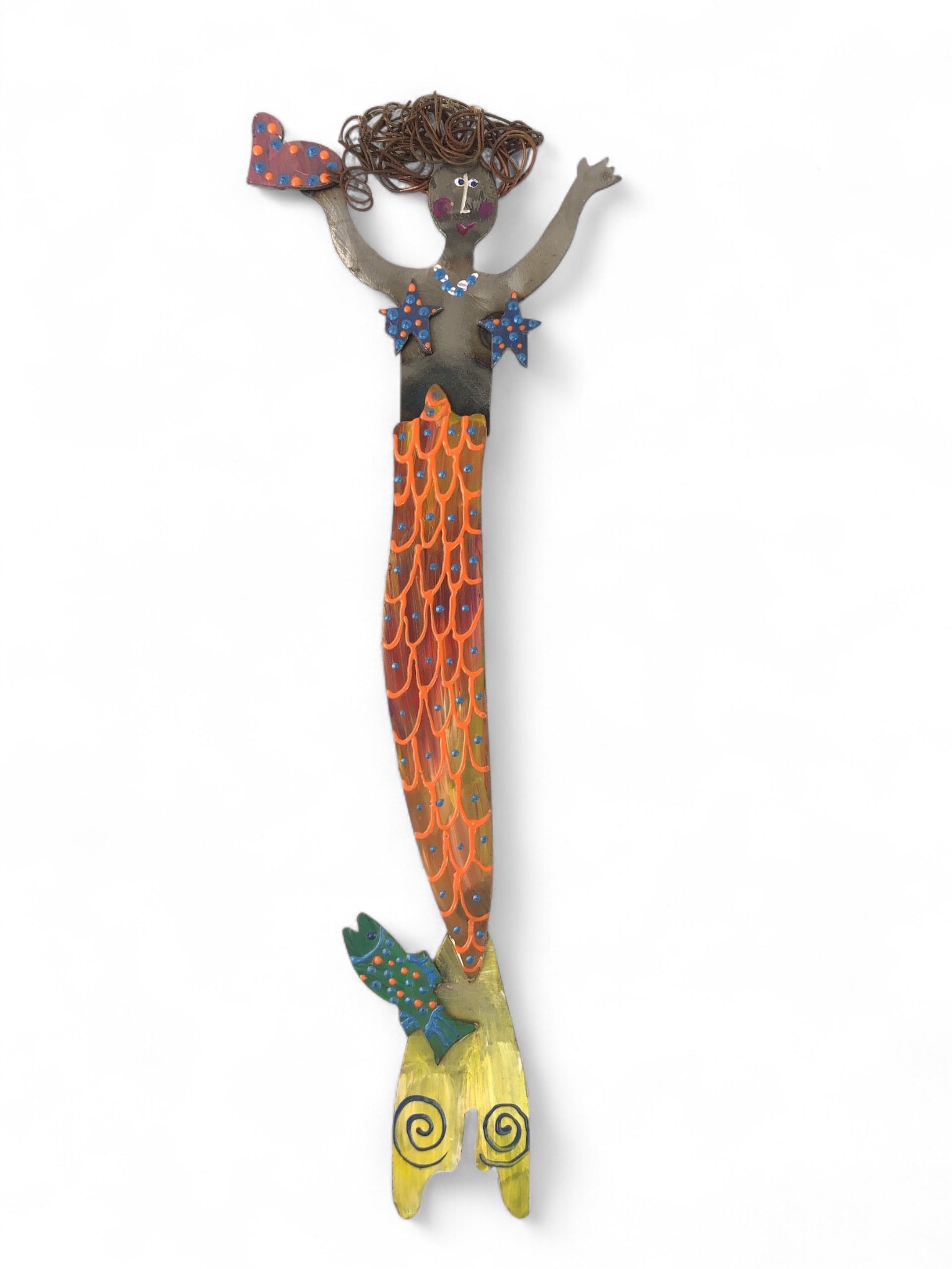 Signed 2010 Painted Metal Mermaid Sculpture: Colorful painted metal mermaid sculpture from 2010. Features orange and blue fish scales, a fish design, and wire hair. Signed "MBP, 2010" on the back and measures 15 inches tall.