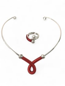 Modernist Silver And Red Jewelry Set