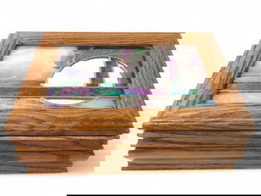 Oak And Iridescent Stained Glass Mirror Box