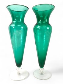 (2) Etched Green Glass Bud Vases