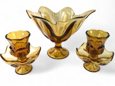 Amber Glass Console Bowl And Candleholders