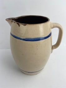 Antique Stoneware Pitcher With Blue Bands