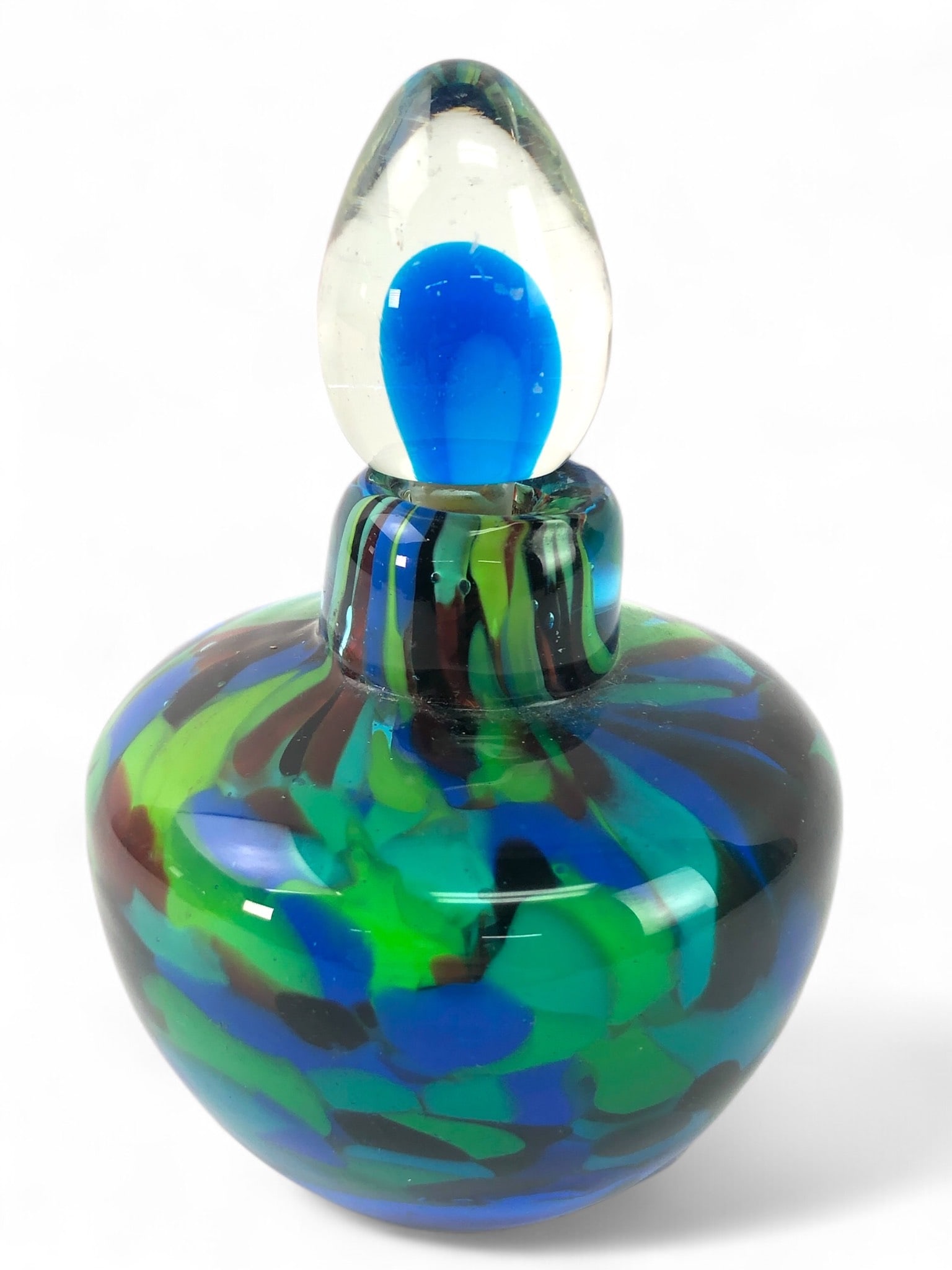 Murano Art Glass Perfume Bottle With Dauber: Murano art glass perfume bottle featuring blue, green, and black color swirls. Includes a glass dauber. Measures approximately 4 3/4" tall with the dauber in place. Visible wear to dauber tip.