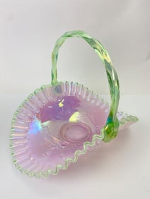 Fenton Rosemilk Basket With Green Handle