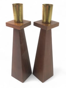 MCM Teak Walnut And Brass Candle Holders