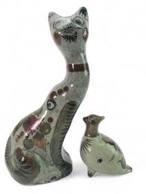 Tonala Mexico Cat And Bird Figurines