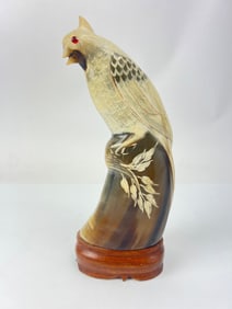 Carved Horn Parrot Figurine With Wood Base