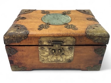 Vtg Wood Brass And Jade Jewelry Box