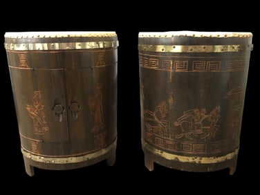 Asian Wood Drum Side Tables With Storage