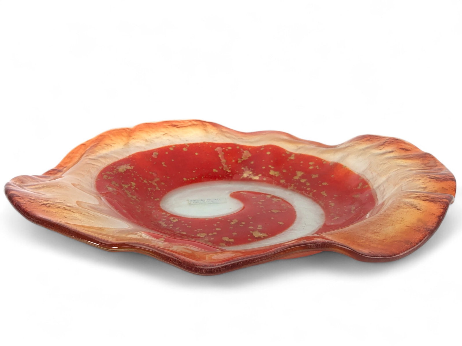 Murano Moda Mostra Frosted Bowl By Mario Bizzoti: Murano Moda Mostra bowl by Mario Bizzotti featuring a frosted, lightly textured design. Diameter measures approximately 13.5-13.75 inches. Showcases red and gold tones in a spiral pattern.