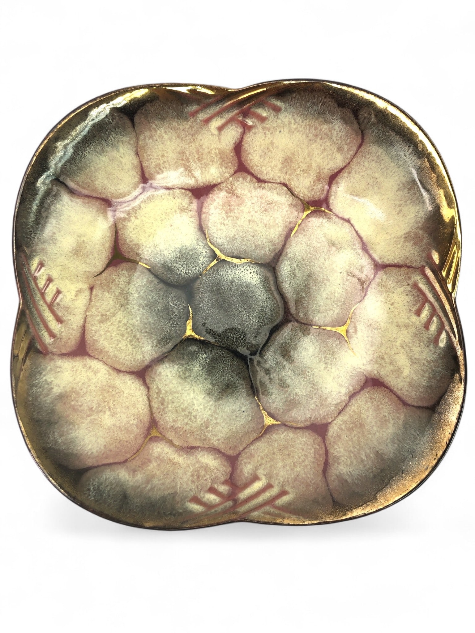 MCM Carstens Tonnieshof Red Clay Bowl: MCM Carstens Tonnieshof red clay bowl with a glazed cobblestone pattern. Made in West Germany, stamped on base, approximately 9 3/4"-11" diameter. Minor wear or damage noted on the underside.