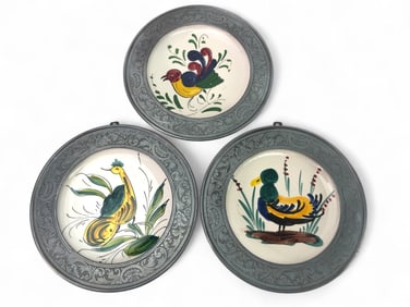 3 Handpainted Italian Art Pewter Pottery Plates