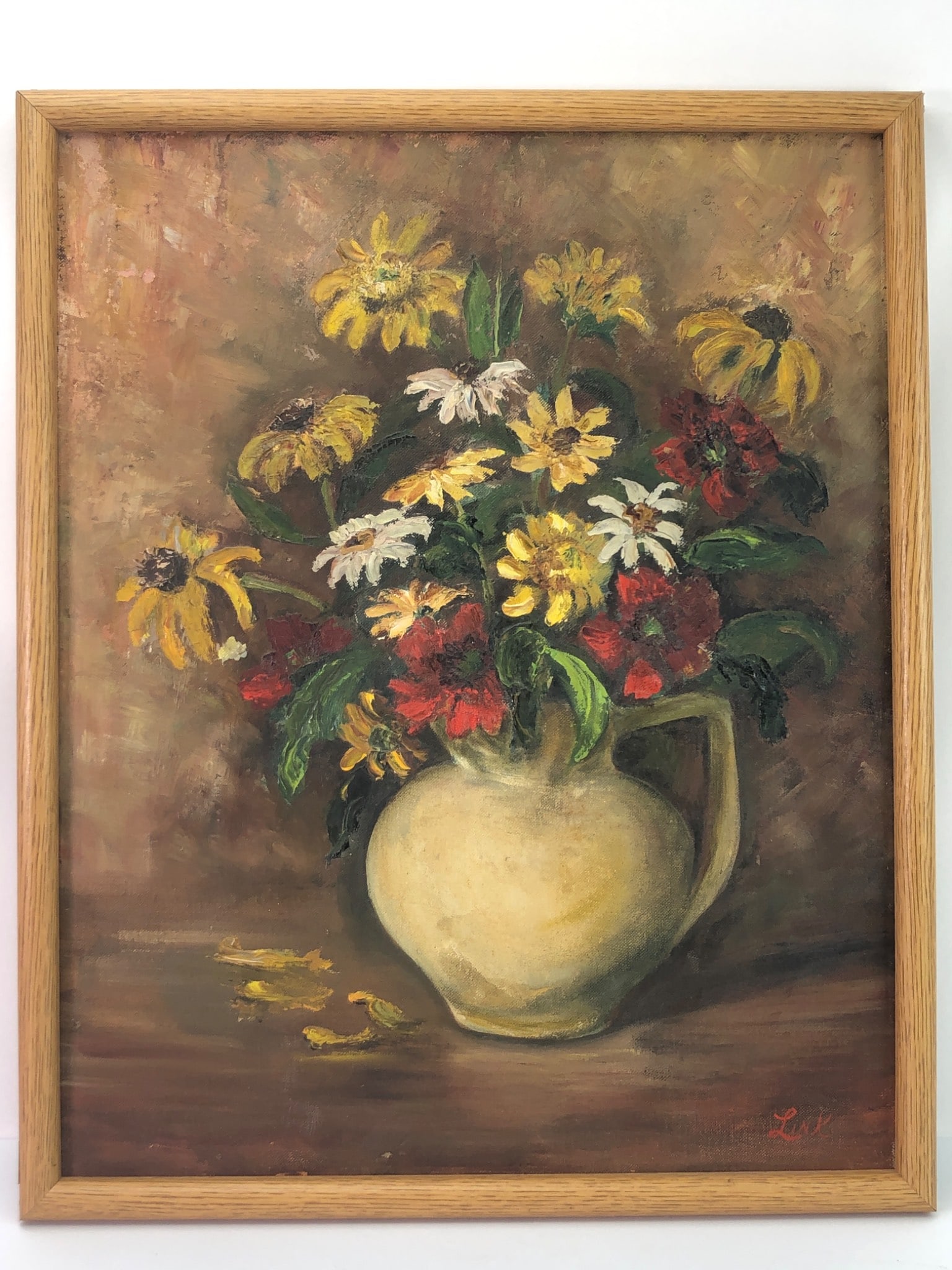 Signed Link Floral Oil Painting: Oil painting of a floral arrangement in a vase, signed 'Link' at the bottom right. Dimensions are 17" x 21" including the wooden frame. Backing paper intact.