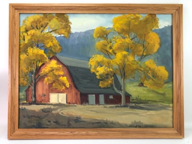 Signed Barn Landscape Oil Painting