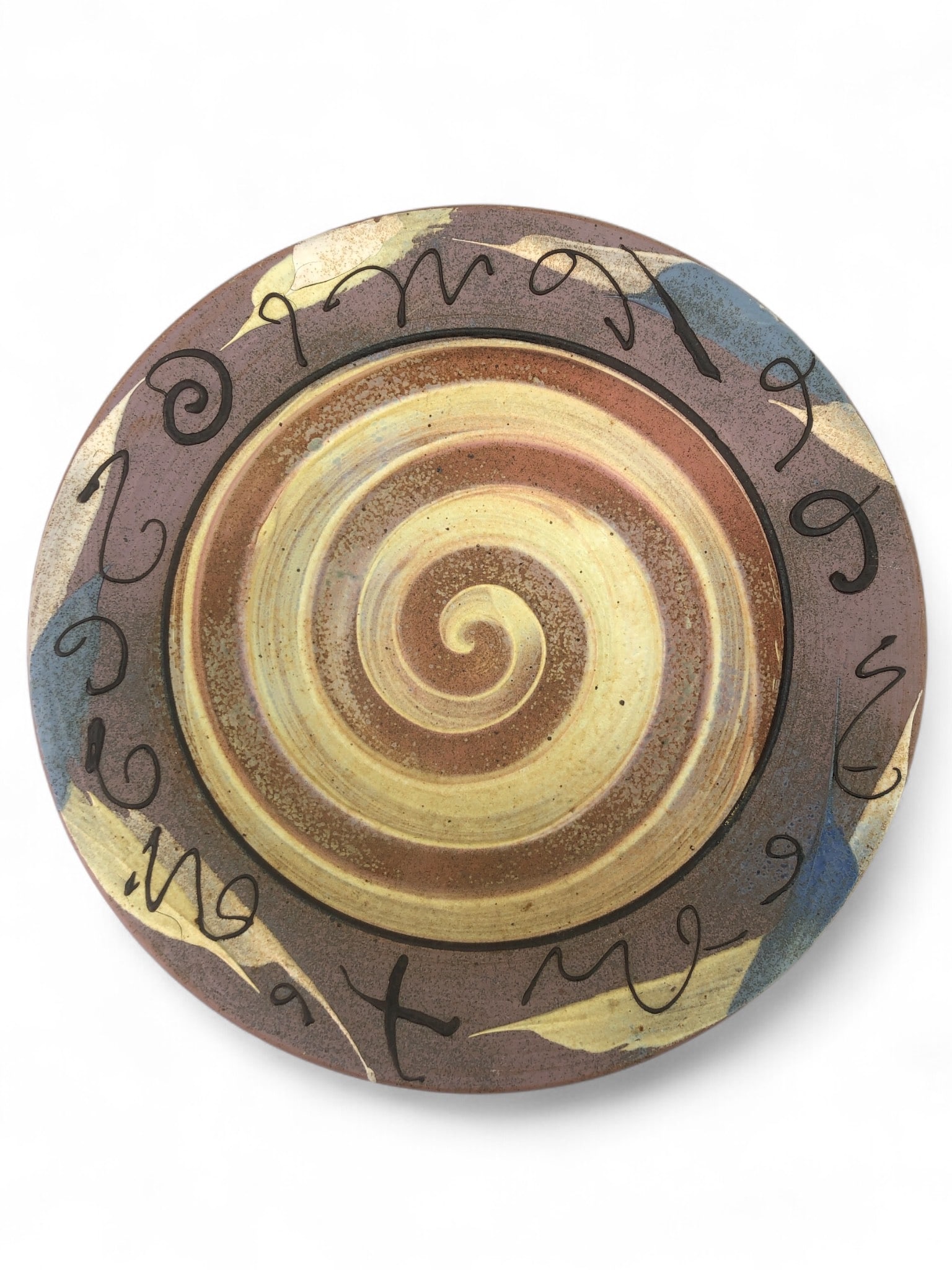 Attributed To Cunningham Pottery Platter: Decorative ceramic platter with a 13.5-inch diameter, attributed to Cunningham Pottery. Features abstract spiral and leaf motifs with glaze decoration. Notable cracks and wear present.