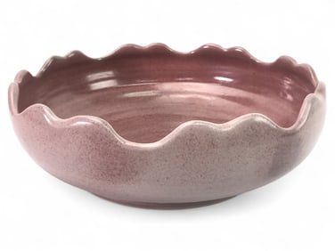 Signed Pink Ceramic Bowl With Scalloped Rim