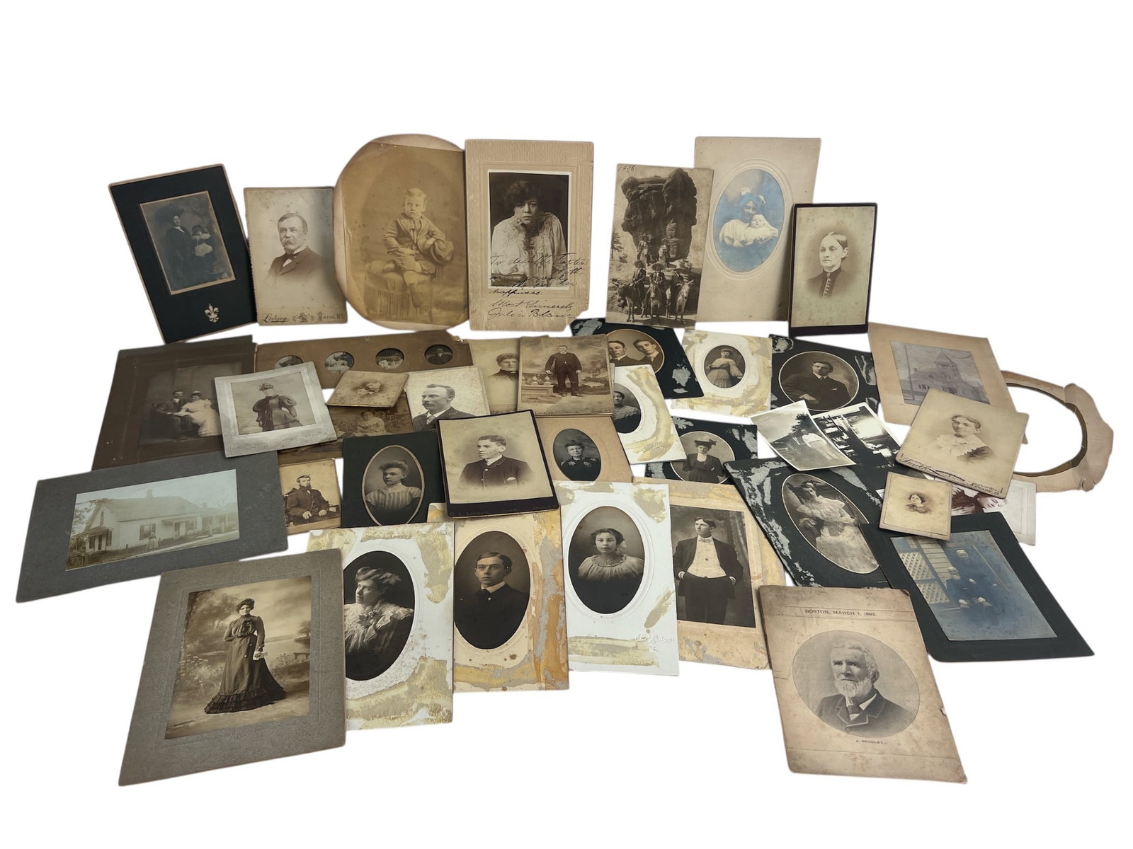Vintage Cabinet Card Photos: Vintage cabinet card photographs and studio portraits featuring late 19th to early 20th-century subjects. Includes various formats, sizes, and styles. Some images show signs of aging or wear.