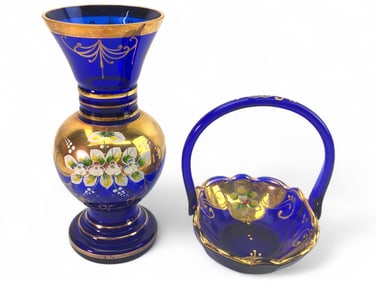 Bohemia Glass Blue Vase And Basket