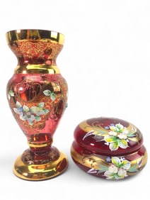 Egermann Bohemia Red Glass Vase And Dish