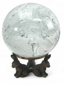 Controlled Bubble Art Glass Orb With Pewter Stand