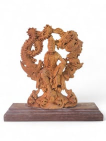 Vtg Handcarved Wood Buddhist Guanyin Statue