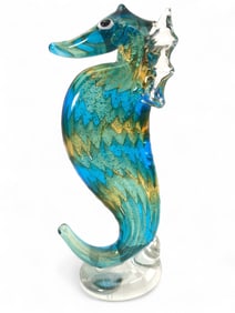 Aquatic Blue & Gold Fleck Art Glass Seahorse