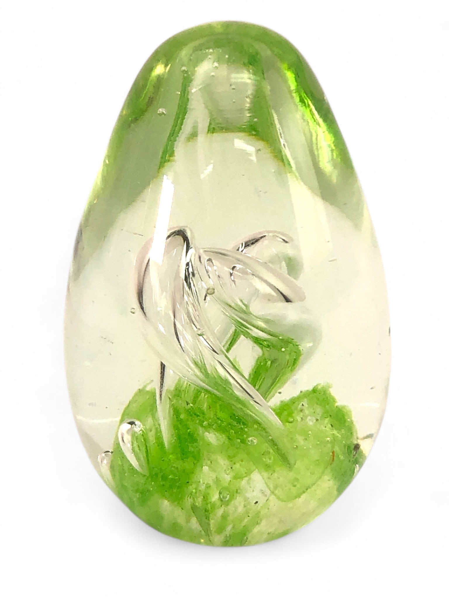 Vtg Helix Art Glass Paperweight 3.5"Tall: Vintage Helix art glass paperweight standing 3.5 inches tall. Features clear glass with a central swirling helix design and green accents within. Base shows wear consistent with age.