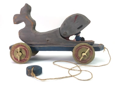 Signed 1994 Handmade Wood Whale Moby Dick Pull Toy