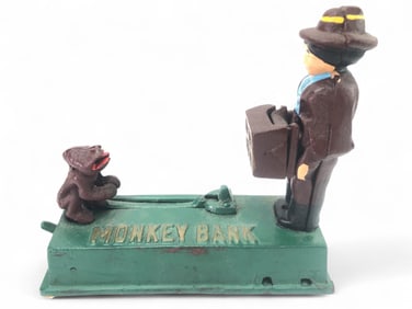 Vtg Cast Iron Monkey Bank Toy
