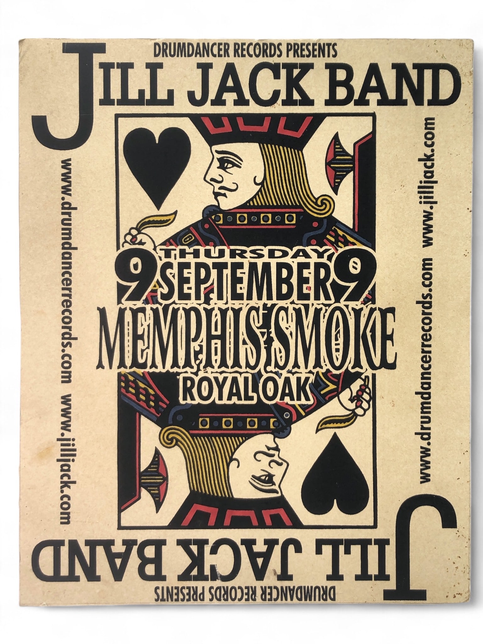 Jill Jack Band Concert Poster: 20"x 16"concert poster for the Jill Jack Band promoting a Thursday, September 9th performance at Memphis Smoke in Royal Oak. Features vibrant playing card imagery and text. Shows signs of wear, includ
