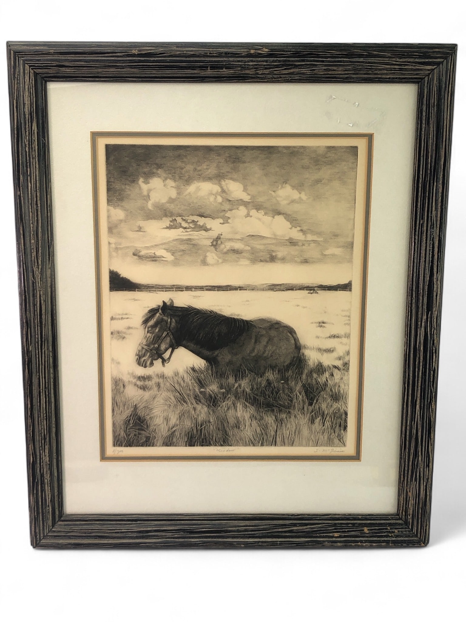 S. McGinnis Signed & Numbered Meadow Etching: Signed and numbered etching titled "Meadow" by S. McGinnis, edition 81/300. Framed, dimensions 19"x 23". Features a horse in a serene landscape. Frame shows wear. R6