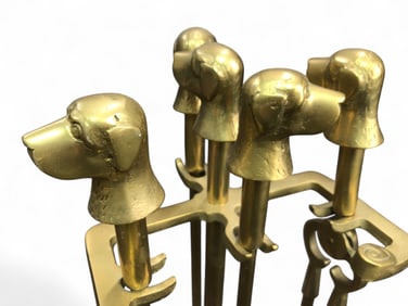 Brass Dog Head Fireplace Tool Set